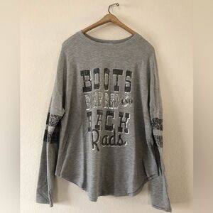 Maurices Long Sleeve Graphic Print Tee “BOOTS BONFIRES AND BACK ROADS”
